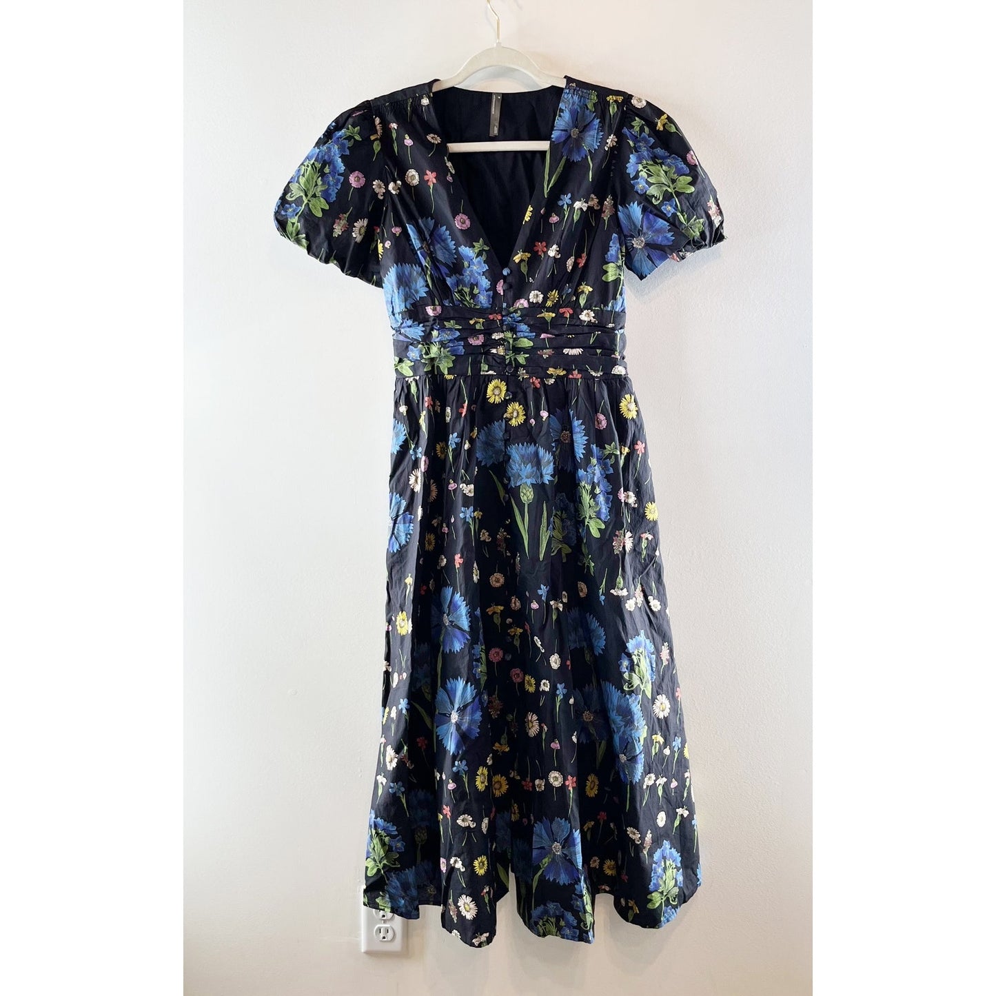 Anthropologie The Katerina Button Front Floral Short Sleeve Midi Dress Blue S
