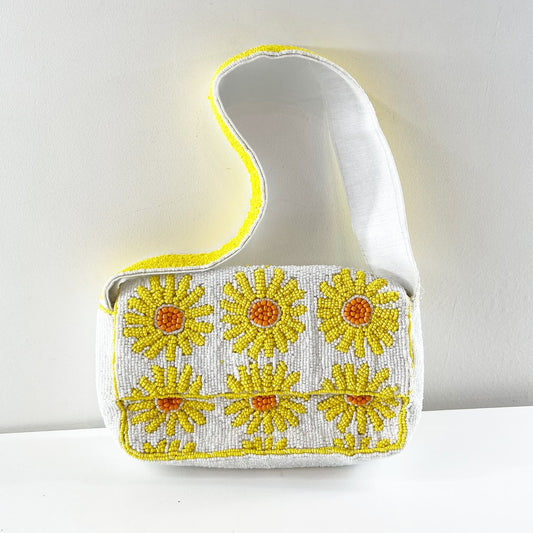Sunflower Beaded Shoulder Bag Purse White Yellow