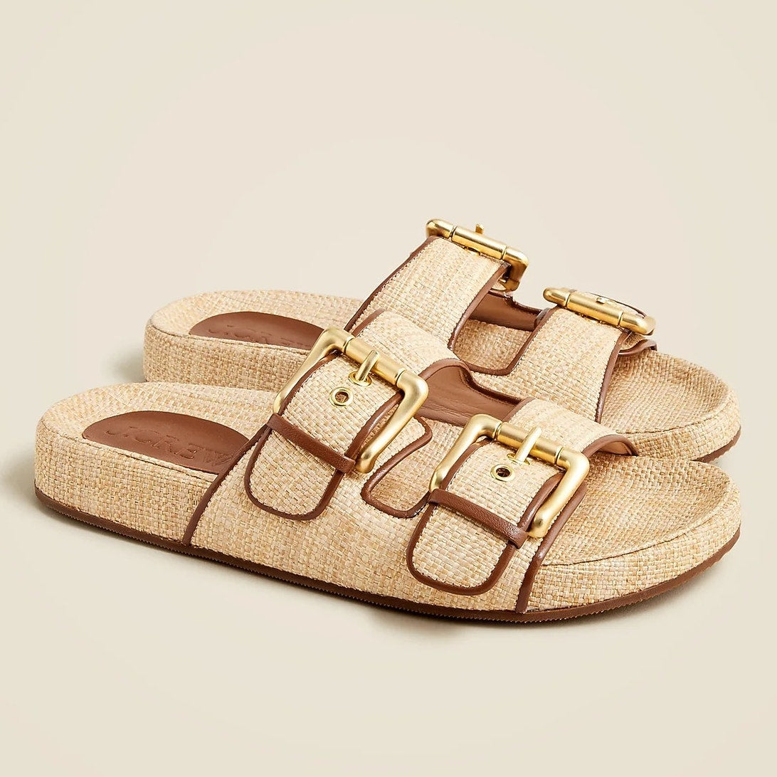 J. Crew Marlow Woven Raffia Leather Slip On Flat Slide Sandals Beige Tan 8.5