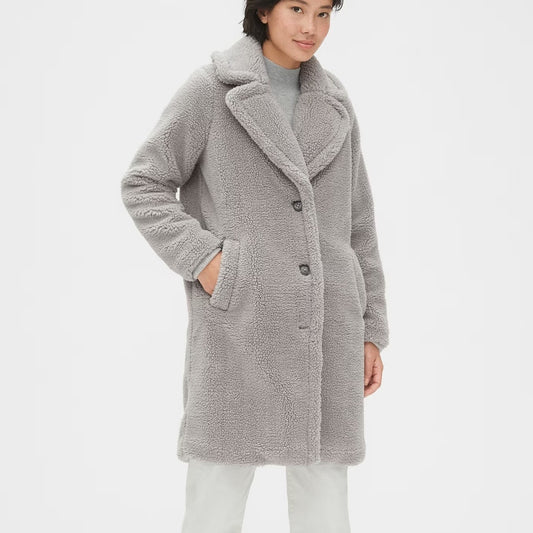 Gap Long Sleeve Notch Lapel Mid-Length Sherpa Teddy Overcoat Silver Grey Small