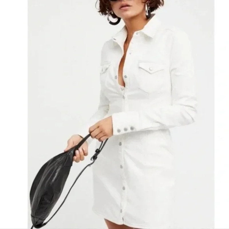 Free People Dynomite Long Sleeve Denim Snap Button Mini Shirt Dress White Small