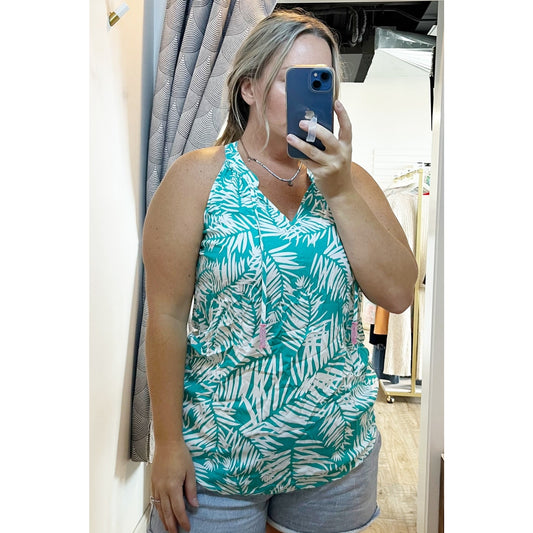 Escapada Living Palm Print Sleeveless V-Neck Tassel Tie Tank Top Blue White L