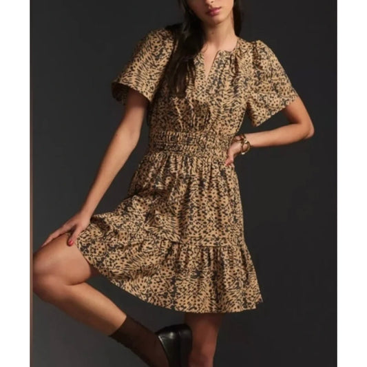 Anthropologie Somerset Short Sleeve Mini Dress in Leopard Print Brown Black M