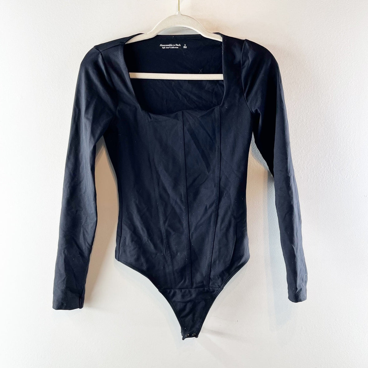 Abercrombie & Fitch Square Neck Seamed Long Sleeve Bodysuit Black Small