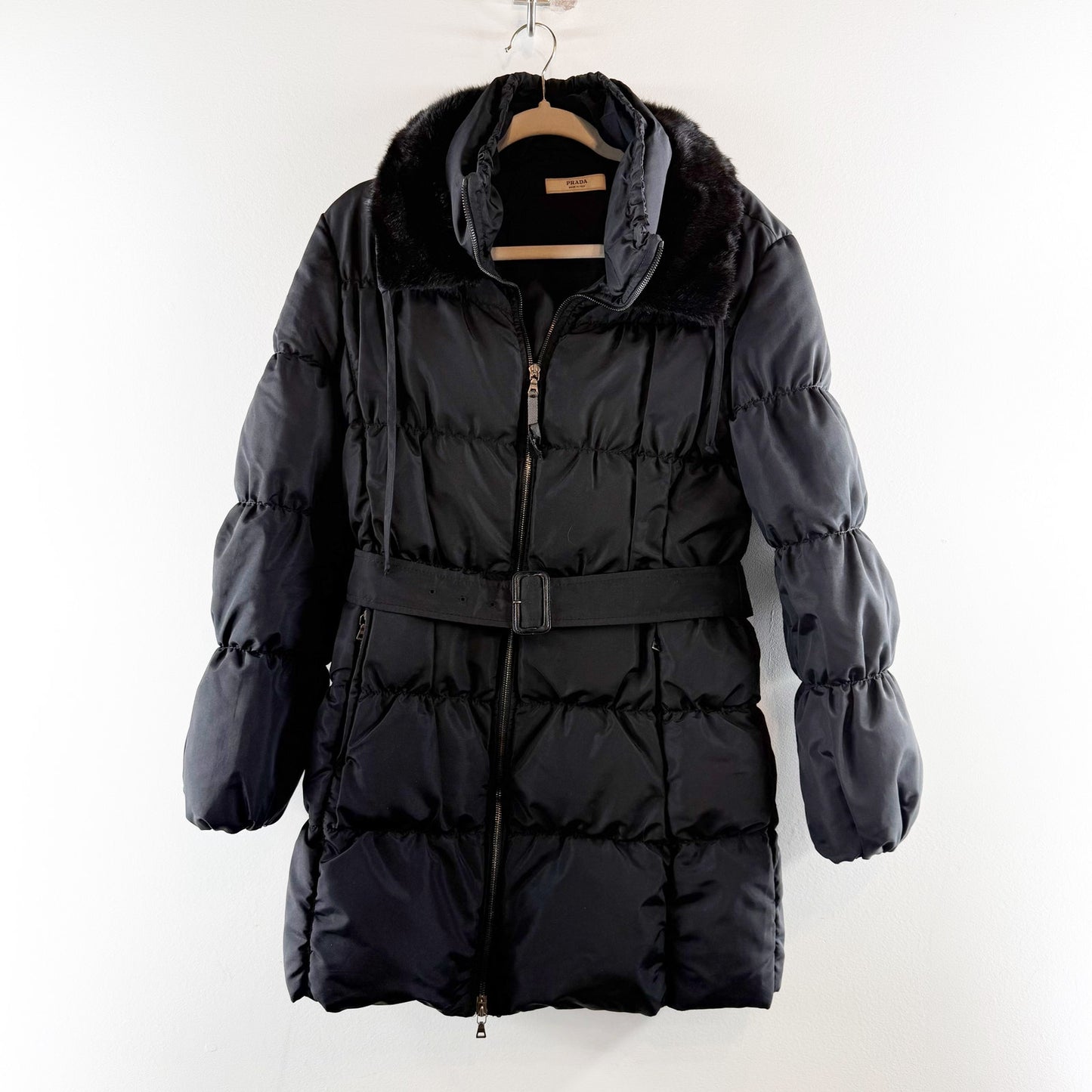 Prada Down Fur Trim Parka Puffer Coat Jacket Belted Black 42 / 12