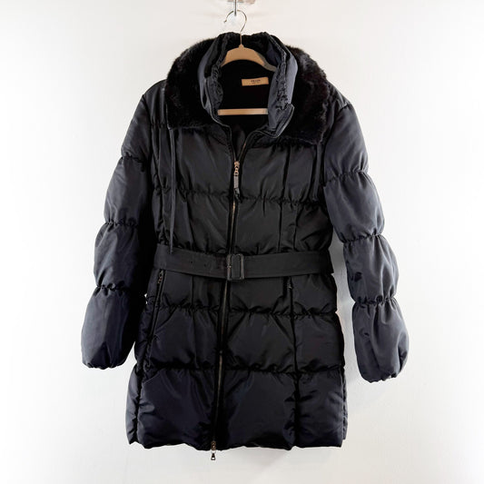 Prada Down Fur Trim Parka Puffer Coat Jacket Belted Black 42 / 12