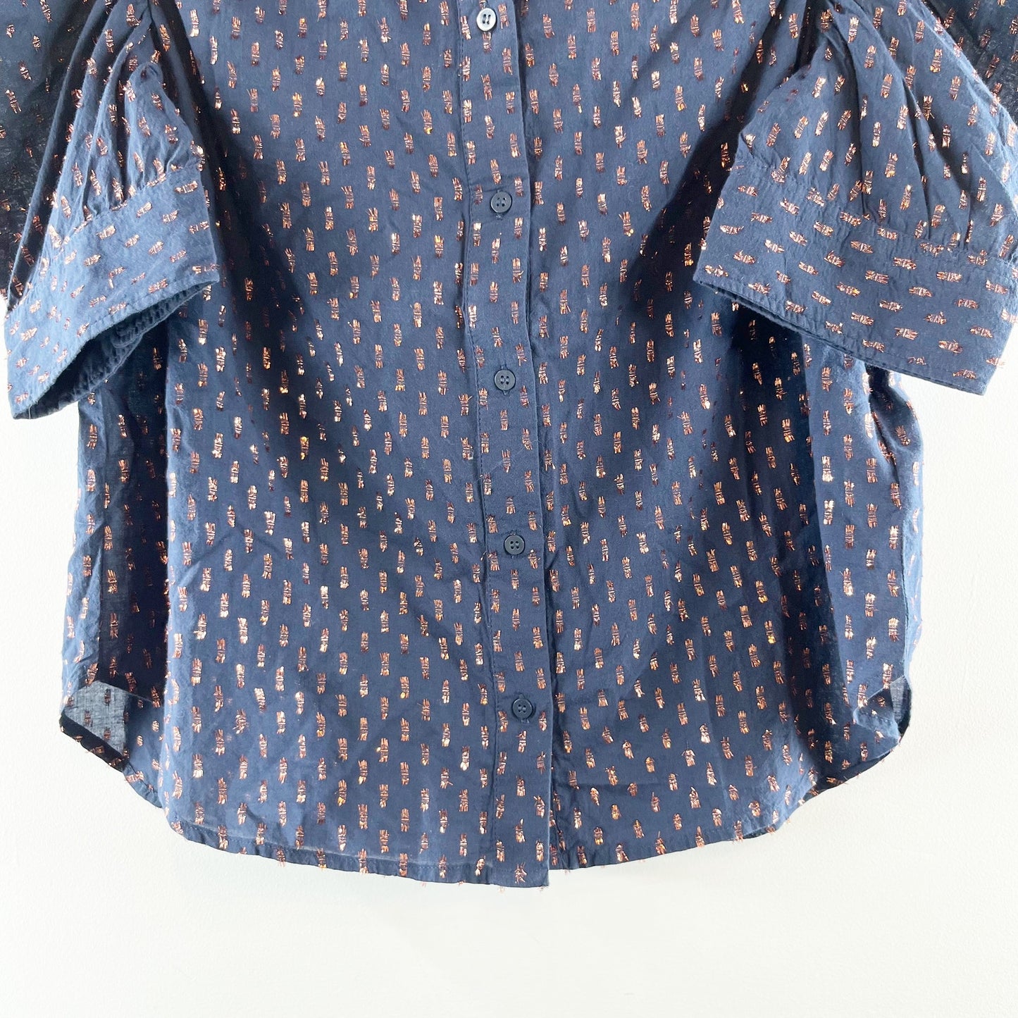 Gap Cotton Blend Puff Sleeve Button Front Blouse Shirt Navy Blue Clip Dot Small