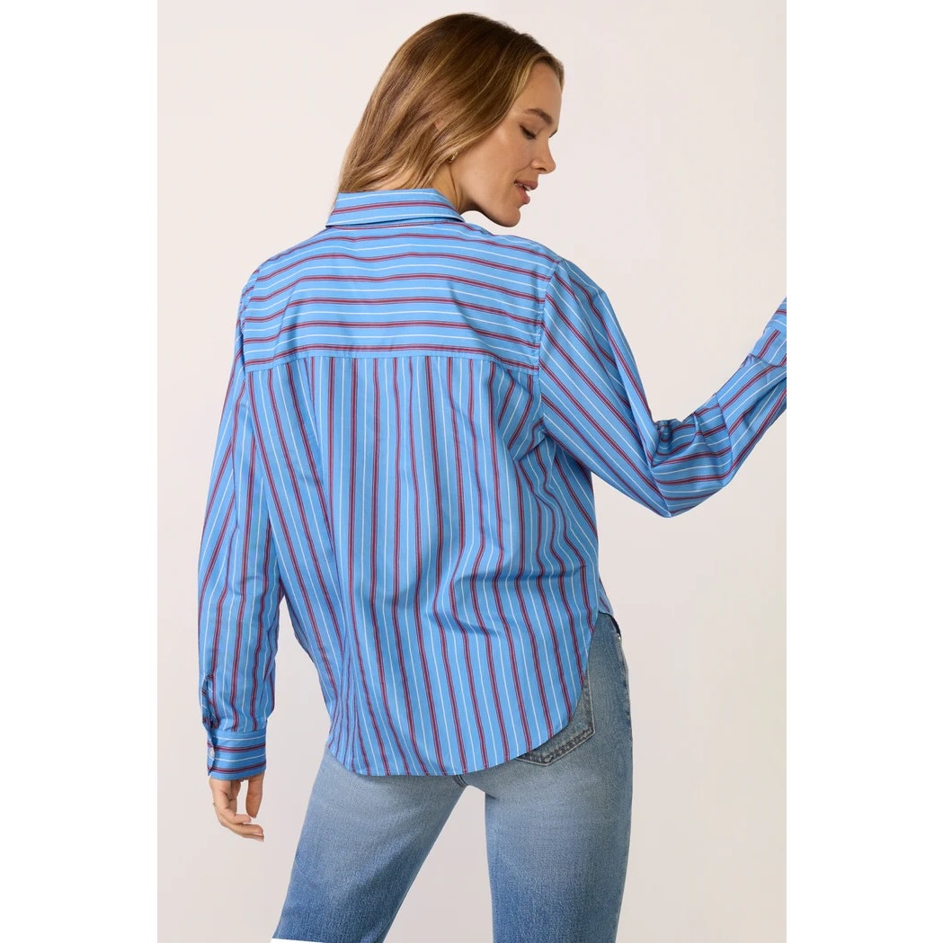 Z Supply Frankie Poplin Long Sleeve Striped Button Down Shirt Pacific Blue XL