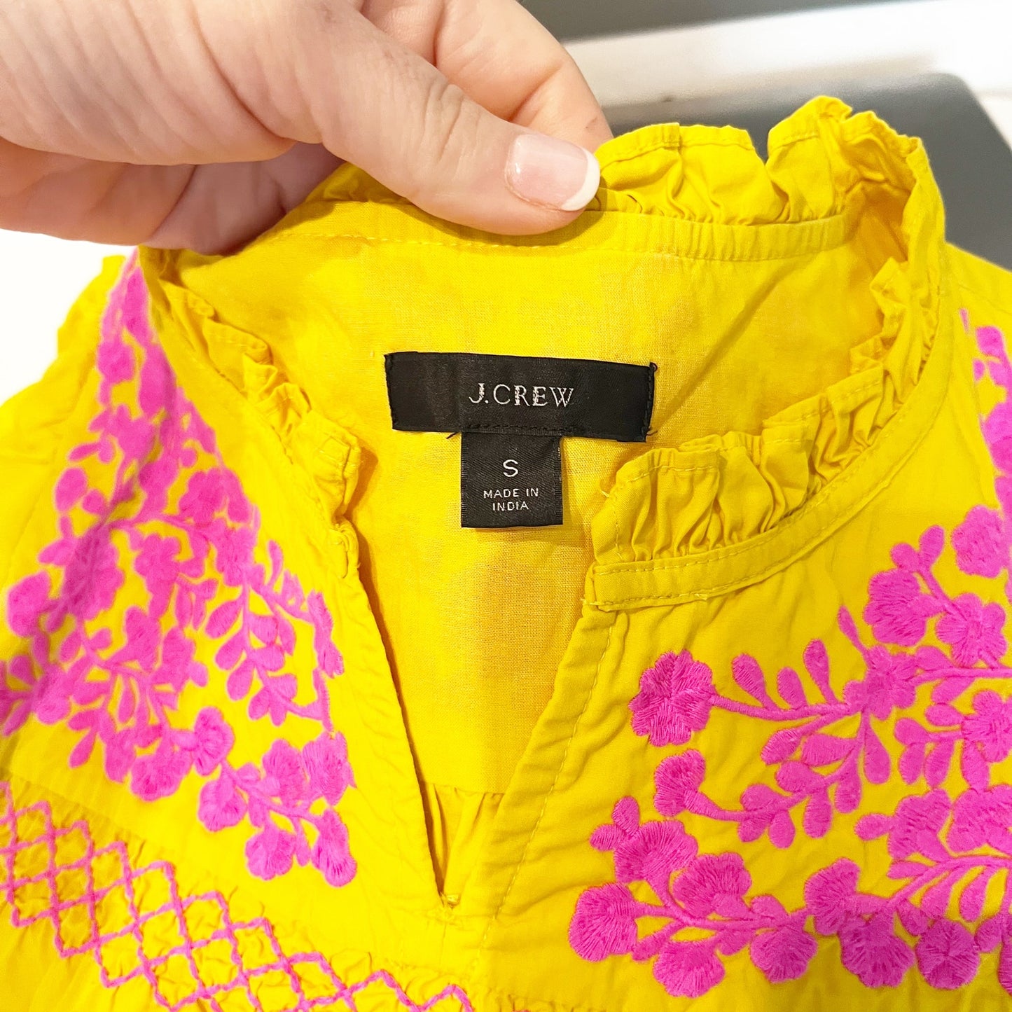 J. Crew Short Puff Sleeve Embroidered Cotton Poplin Blouse Top Yellow Pink Small