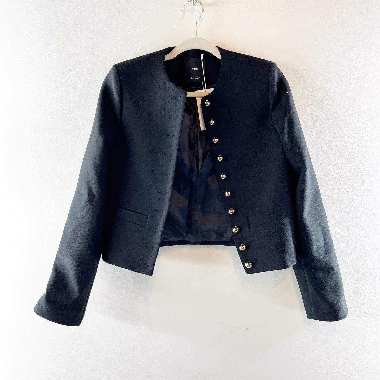 Mango MNG Grace Long Sleeve Collarless Crop Blazer Jacket Black Small