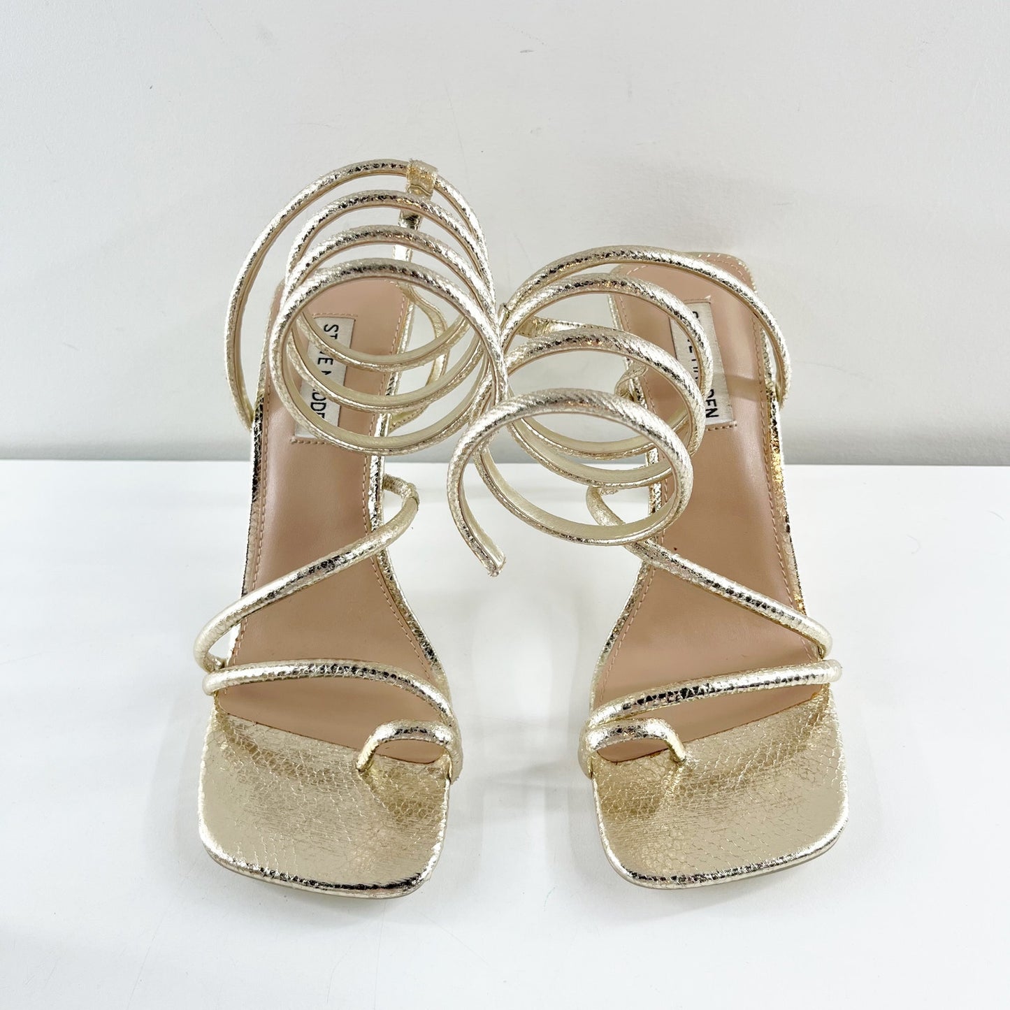 Steve Madden Shantelle Ankle Wrap Strappy Square Toe Sandals Gold Snake 8.5