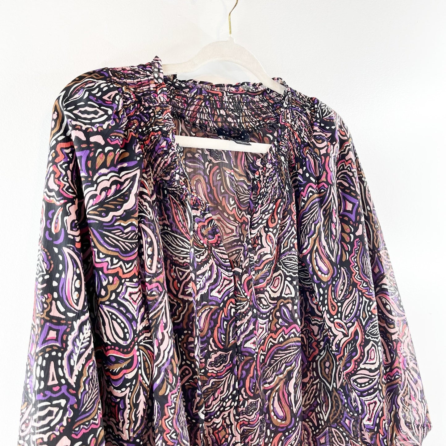 Sanctuary Paisley Print Balloon Sleeves Smocked Neck Blouse Purple Multi Medium