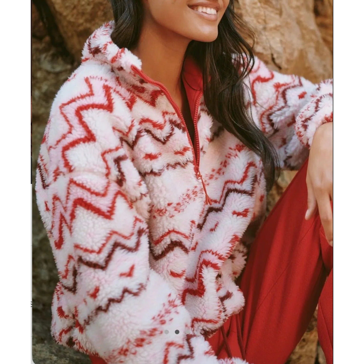 Beach Riot Leona Slopes Quarter Zip Fleece Sherpa Pullover Jacket Red White S
