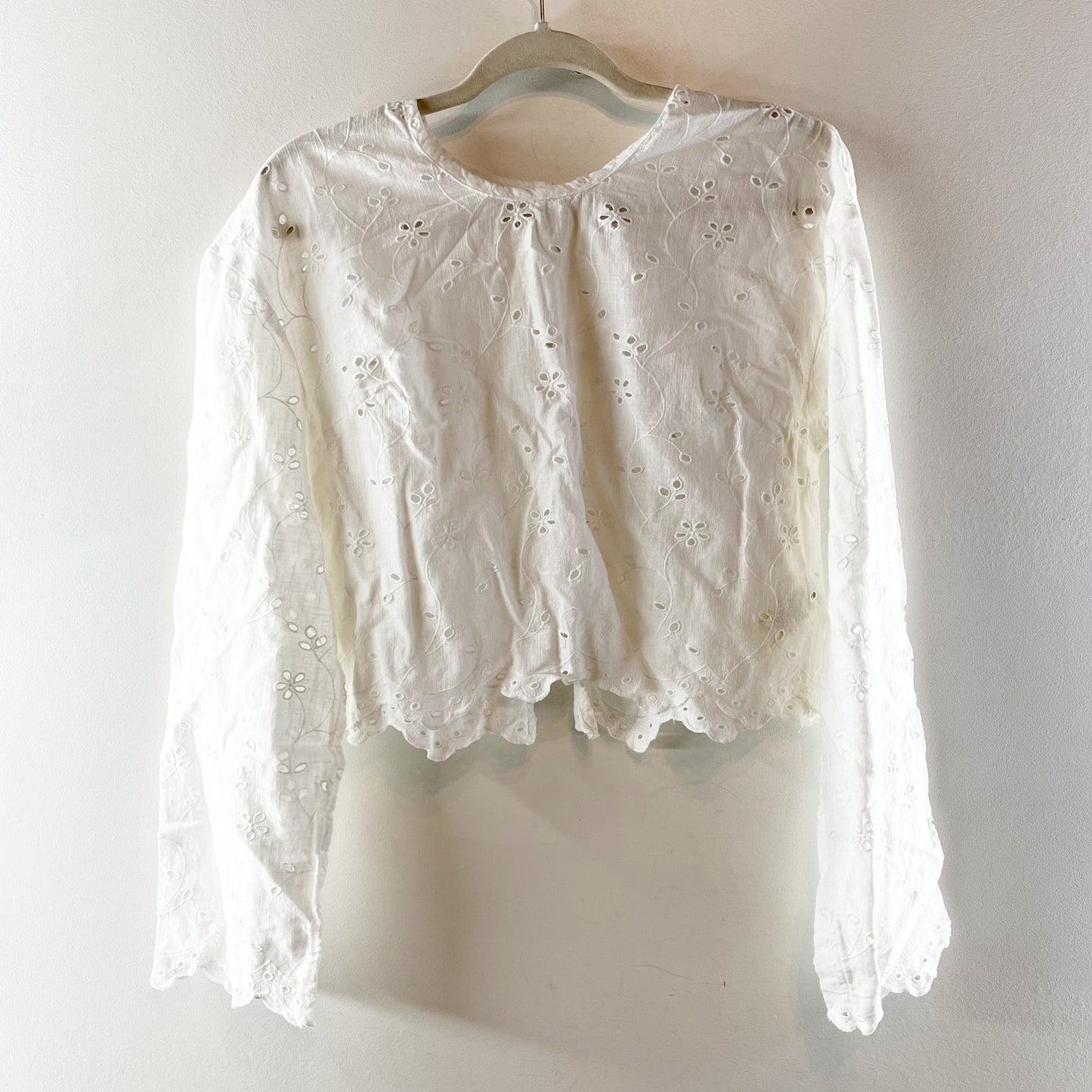 Free People Emma Eyelet Long Sleeve Scalloped Hem Blouse Top White Small