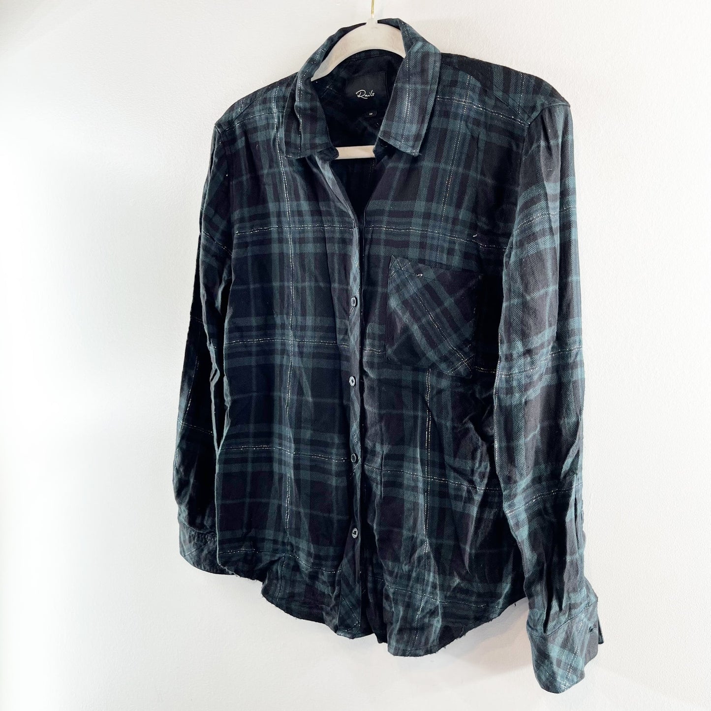Rails Hunter Button Down Plaid Flannel Long Sleeve Forest Tinsel Slate Green XS