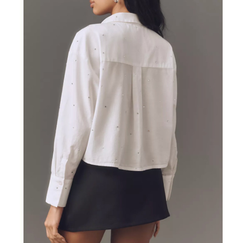 Maeve Anthropologie Patch Pocket Rhinestone Studded Crop Buttondown Shirt White