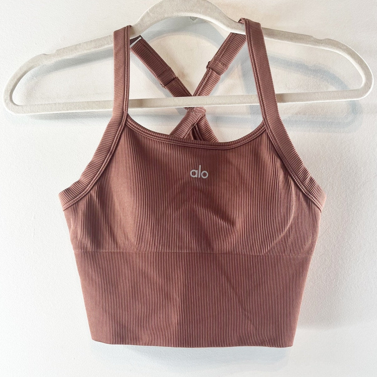 Alo Seamless Ribbed Favorite Bra Tank Cropped Chestnut Brown Small