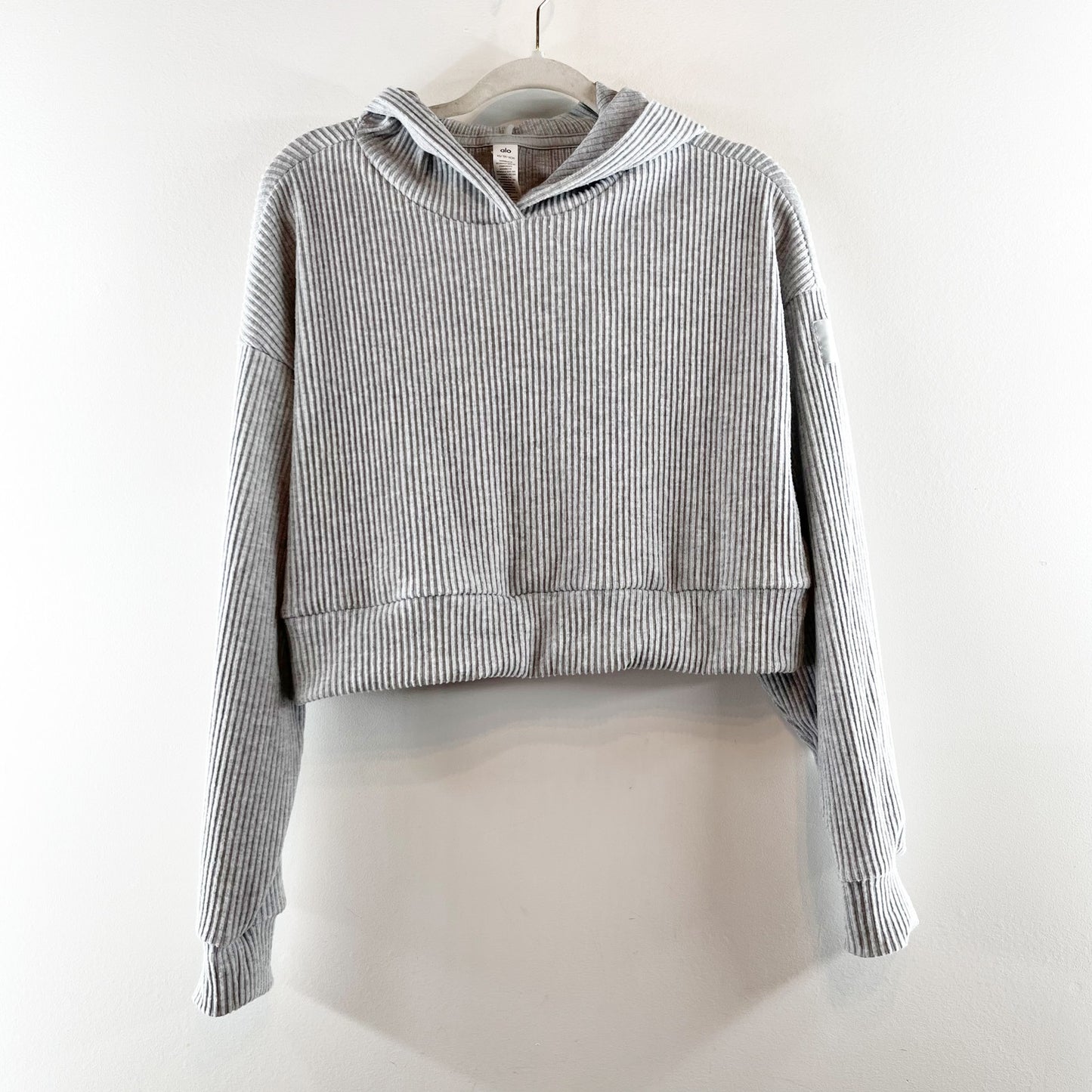 Alo Muse Long Sleeve Ribbed Knit Cropped Lounge Hoodie Athletic Heather Grey XS