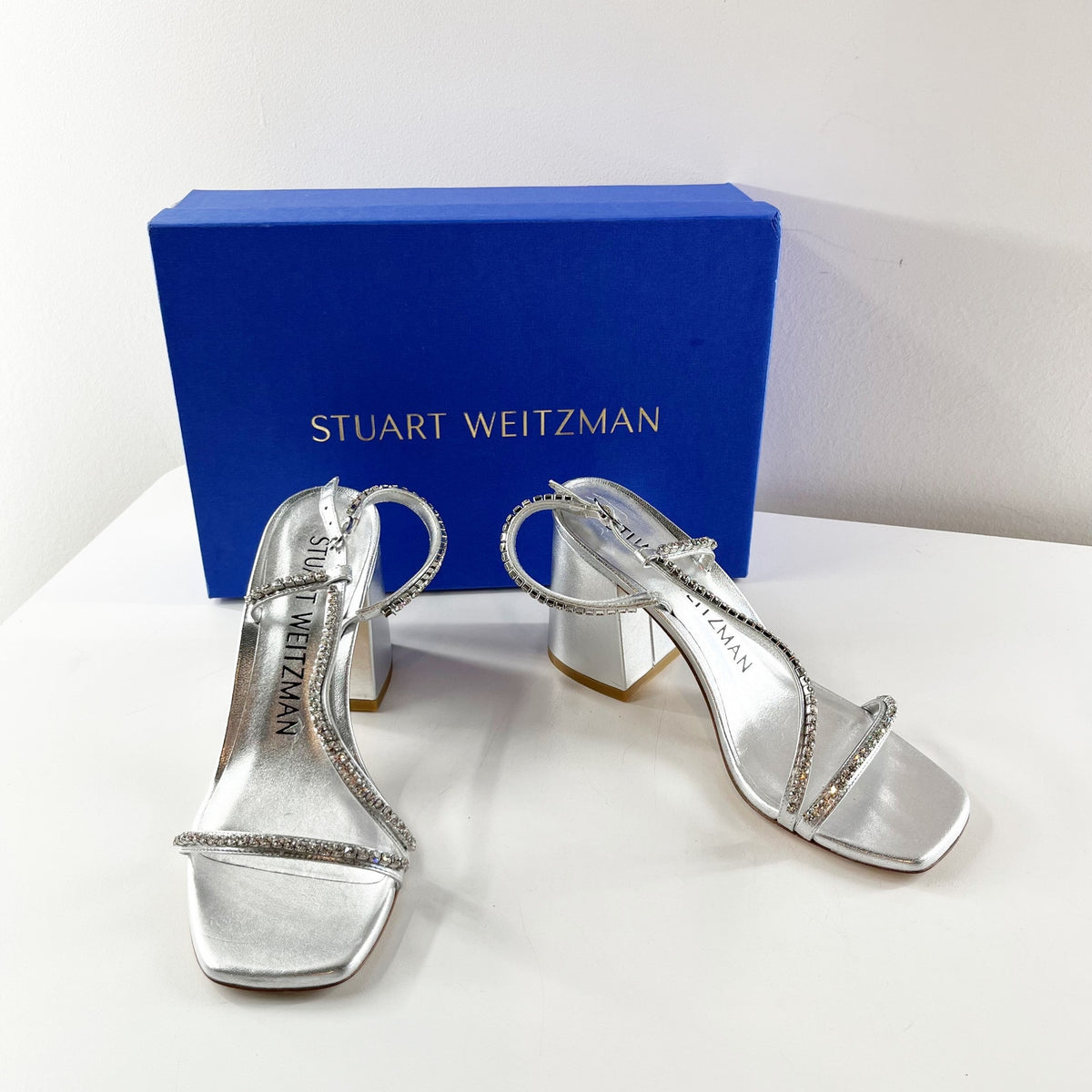 Stuart Weitzman Soiree Crystal Rhinestone Square Toe Block Heel Sandals Silver