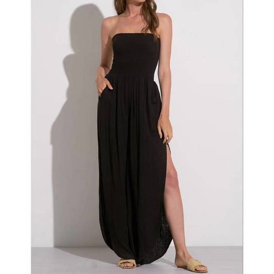 Elan Santorini Strapless Smocked Wide Leg Slit Jumpsuit Black Small