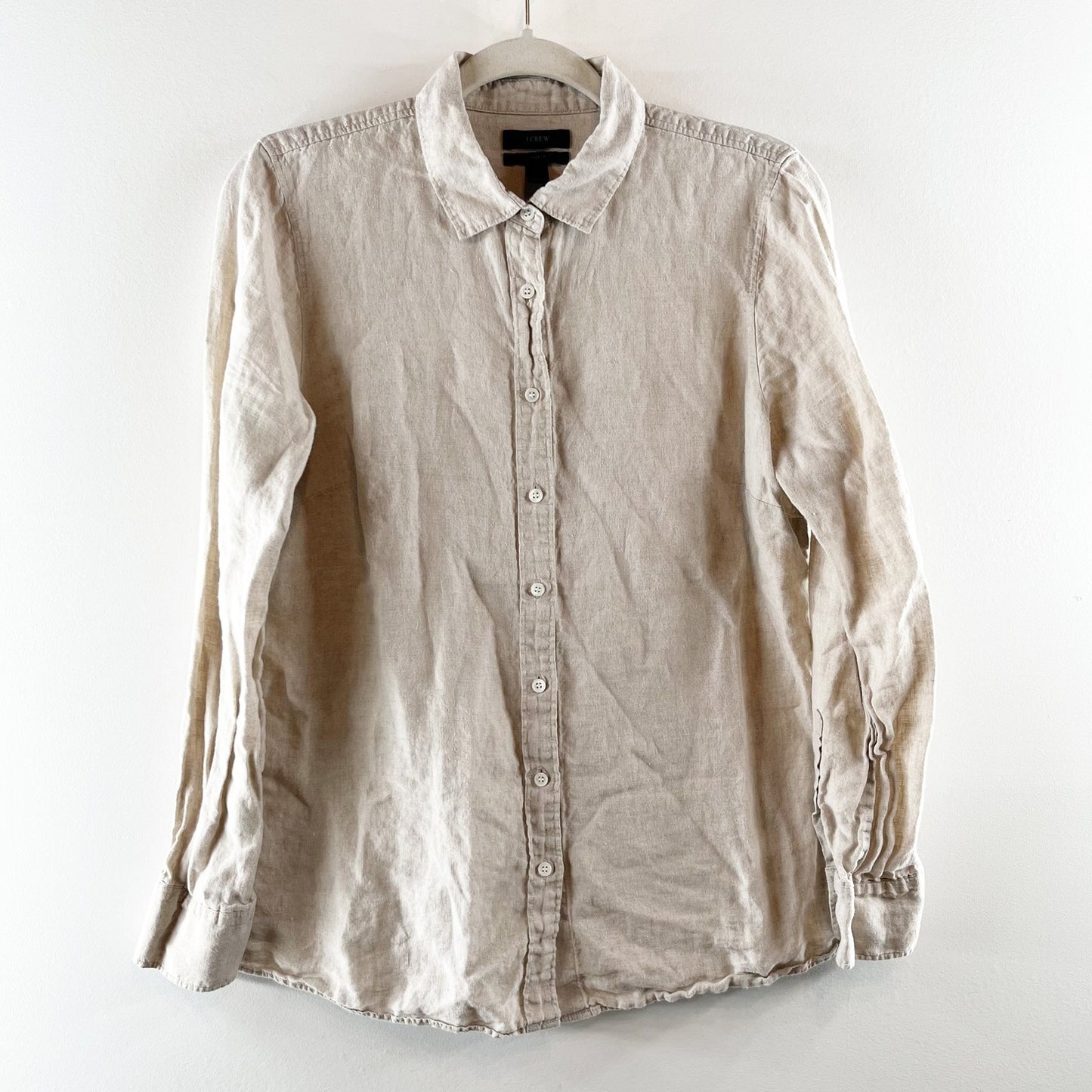 J. Crew Perfect 100% Linen Long Sleeve Collared Button-Up Shirt Beige 12 Petite