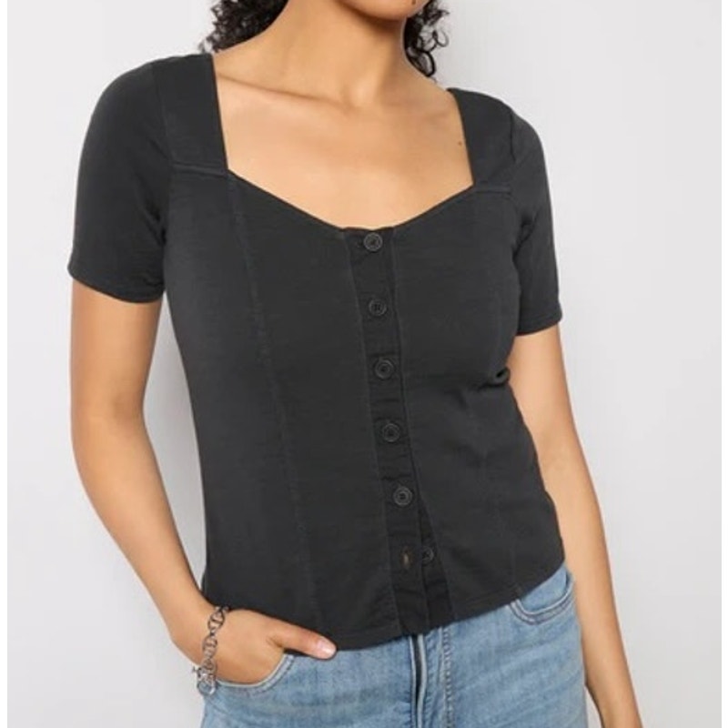 Nation Los Angeles Marcella Short Sleeve Button Up Top Tee Black XS