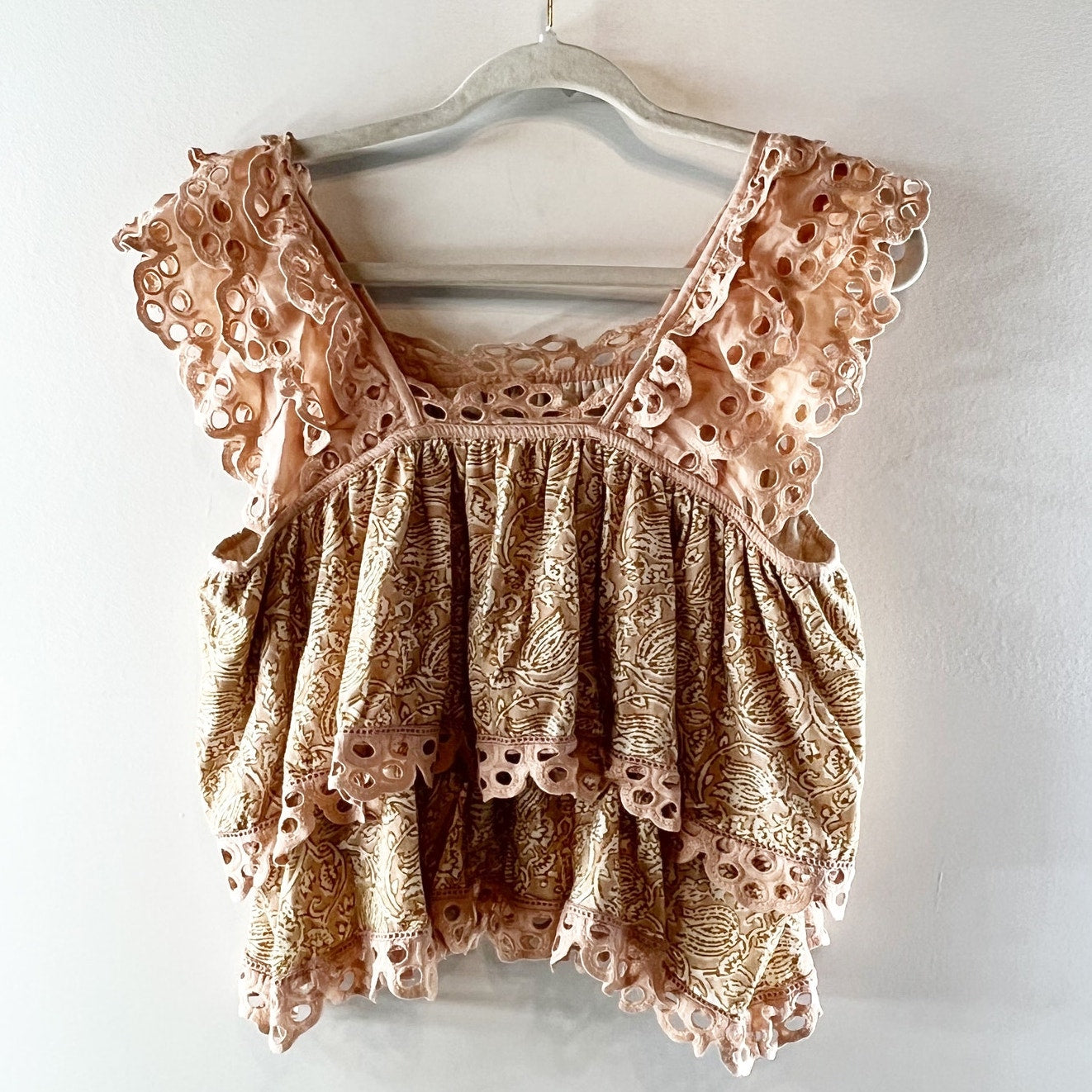 Anthropologie Let Me Be Ruffle Eyelet Tiered Swing Tank Top Pink Tan XS