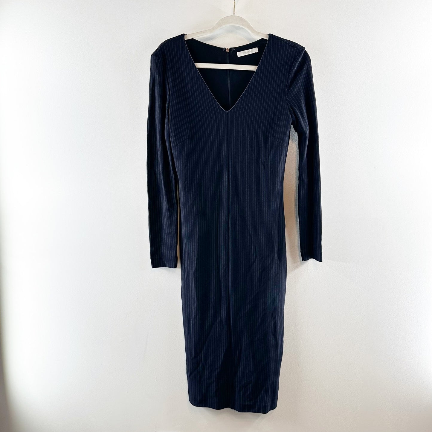 Hugo Boss V Neck Long Sleeve Pinstripe Midi Dress Navy Blue 6