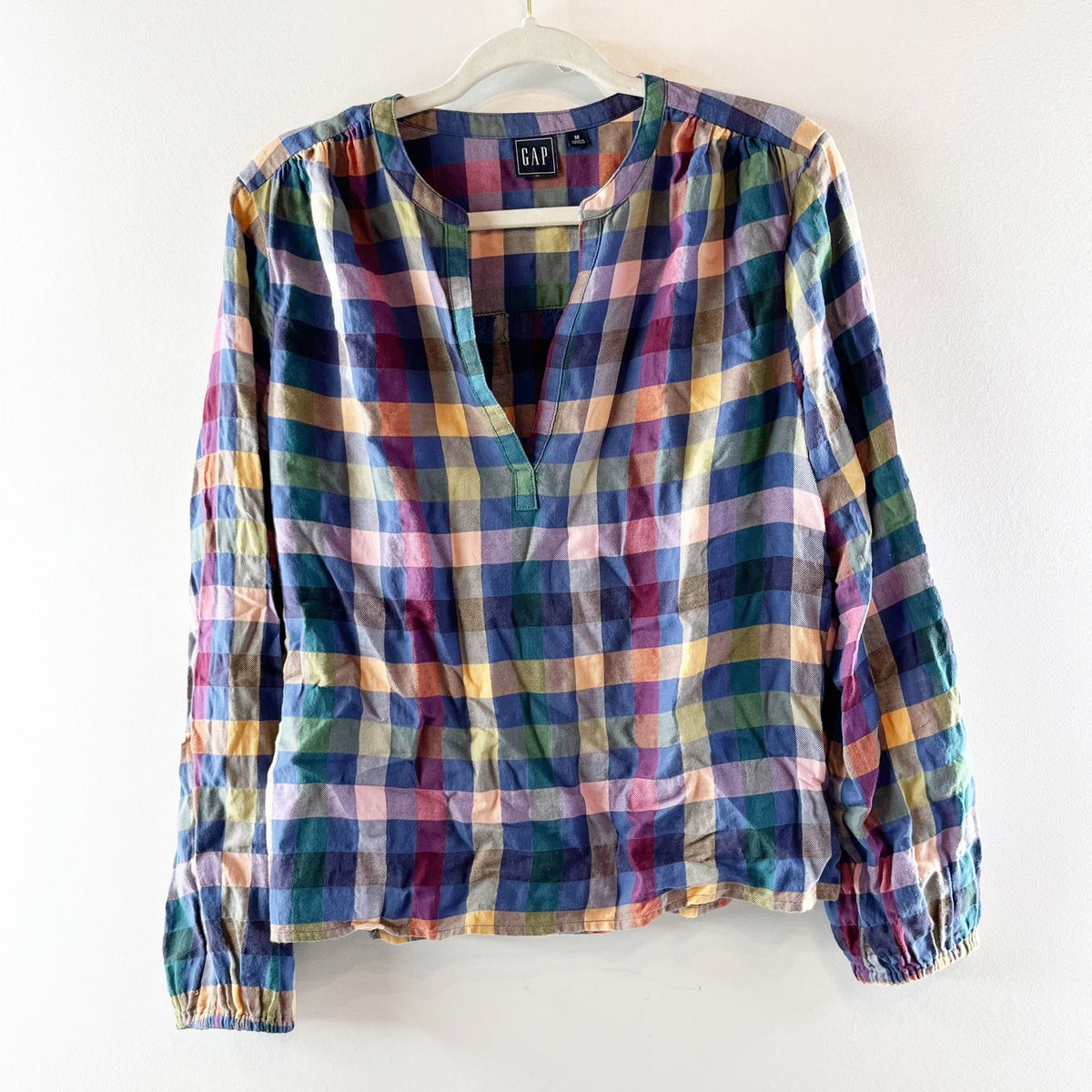 GAP Long Sleeve Femme Cotton Pullover Top Plaid Blue Pink Medium