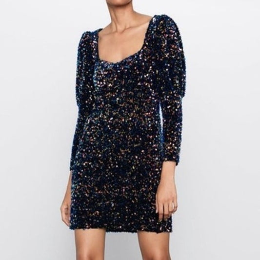 Zara Embellished Sequin Velvet Puff Sleeve Bodycon Mini Dress Deep Blue Large