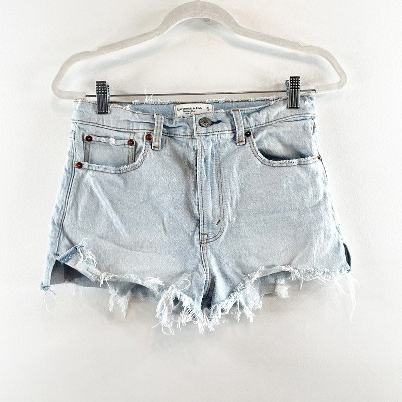Abercrombie & Fitch High Waisted Distressed Denim Mom Short Light Wash Blue 27