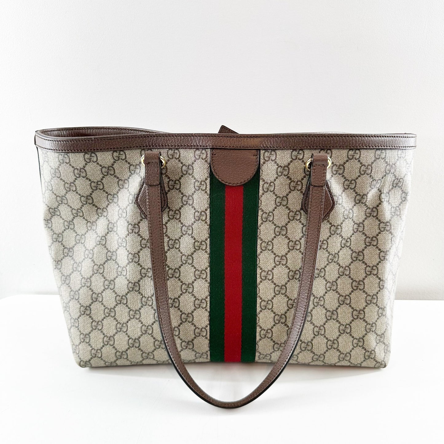 Gucci Ophidia GG Web Stripe Medium Tote Bag Beige Tan and Ebony