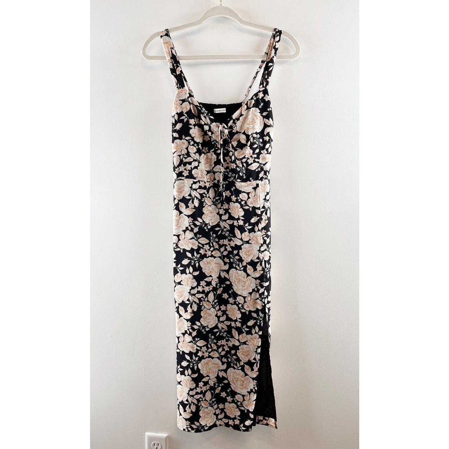 Abercrombie Lace Up Front Floral Slit Midi Slip Dress Black Cream Medium