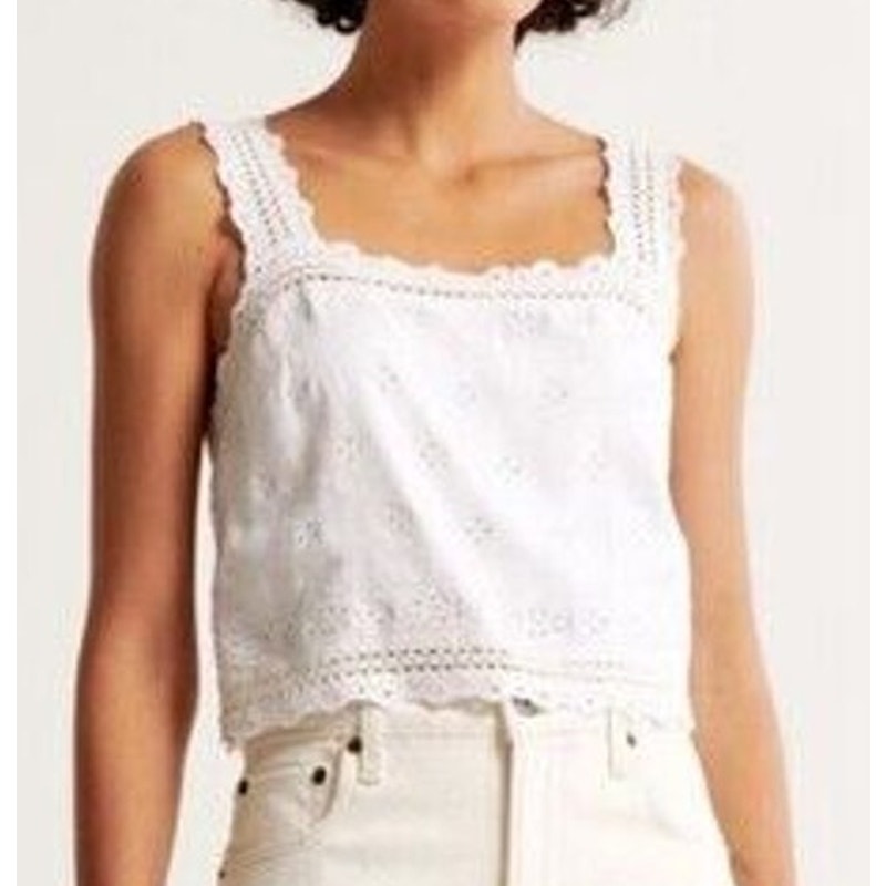 Abercrombie & Fitch Linen-Blend Eyelet Tie-Back Square Neck Crop Top White Small