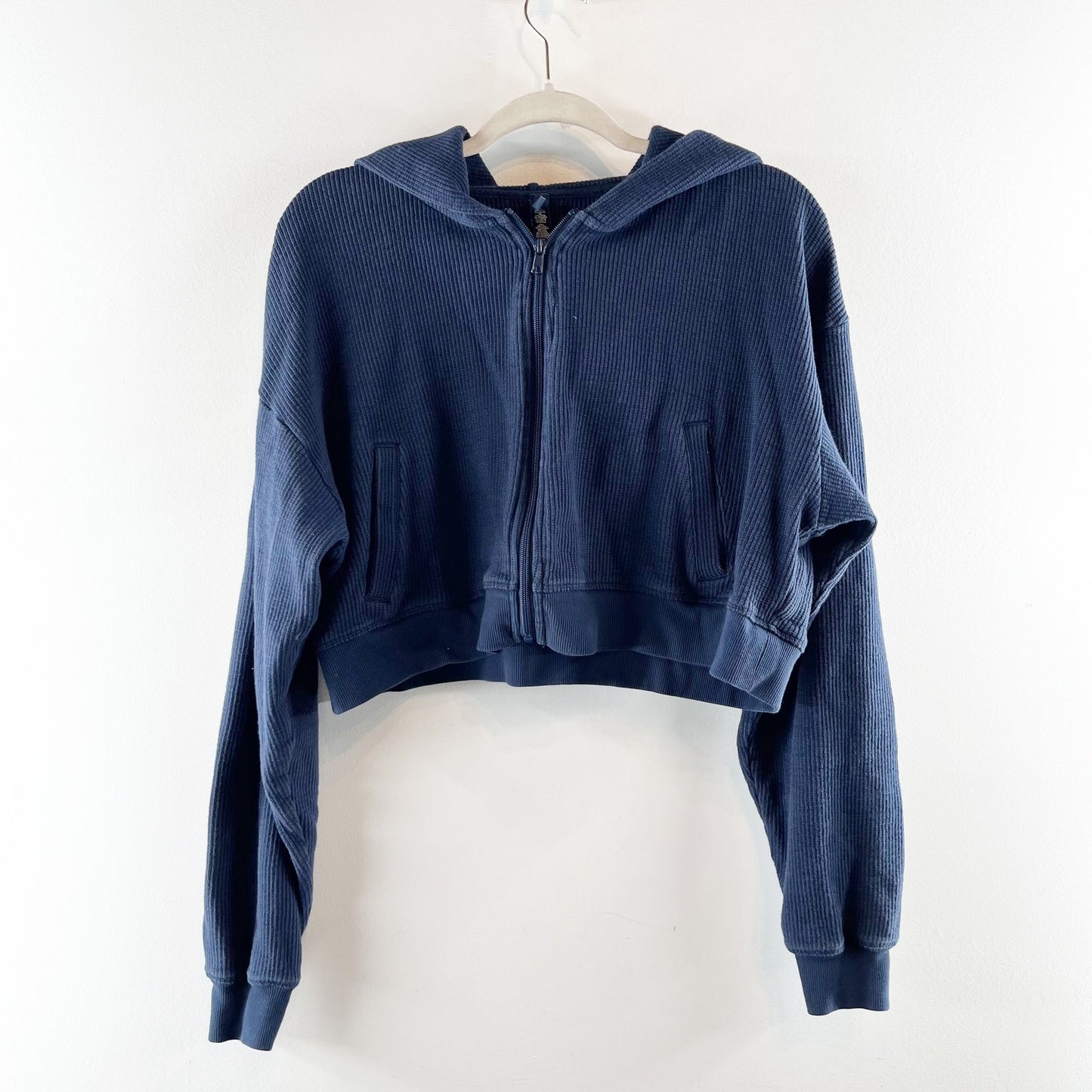 SKIMS Heavy Waffle Knit Cropped Full Zip Hoodie Jacket Navy Blue Medium