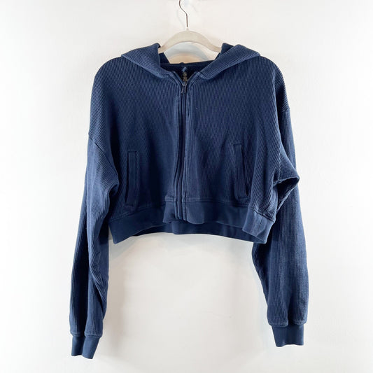 SKIMS Heavy Waffle Knit Cropped Full Zip Hoodie Jacket Navy Blue Medium