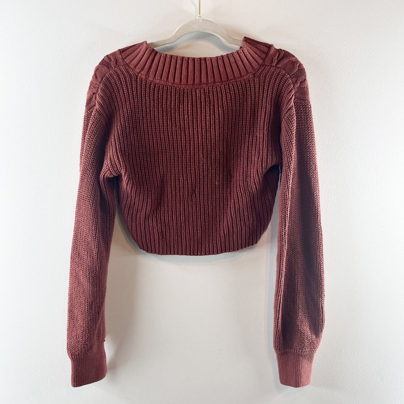 Free People Emilie Cropped Twist Front Cable Sweater Cherry Cola Red Medium