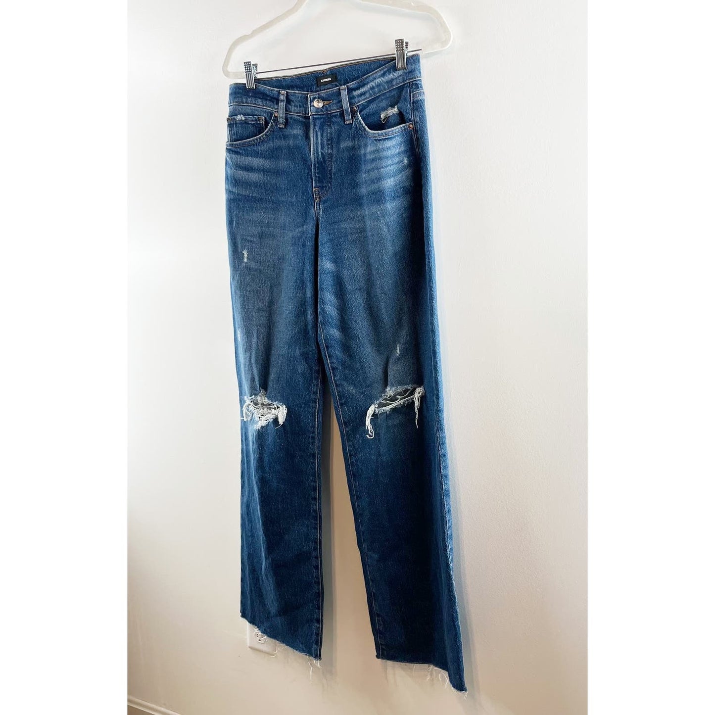 Express Ripped High Rise Wide Leg Distressed Raw Hem Jeans Dark Wash Blue 6 Long