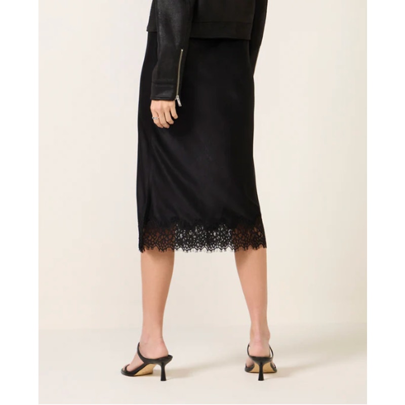 Sanctuary Evereve Satin Midi Slip Skirt with Lace Hem and Slit Black Small