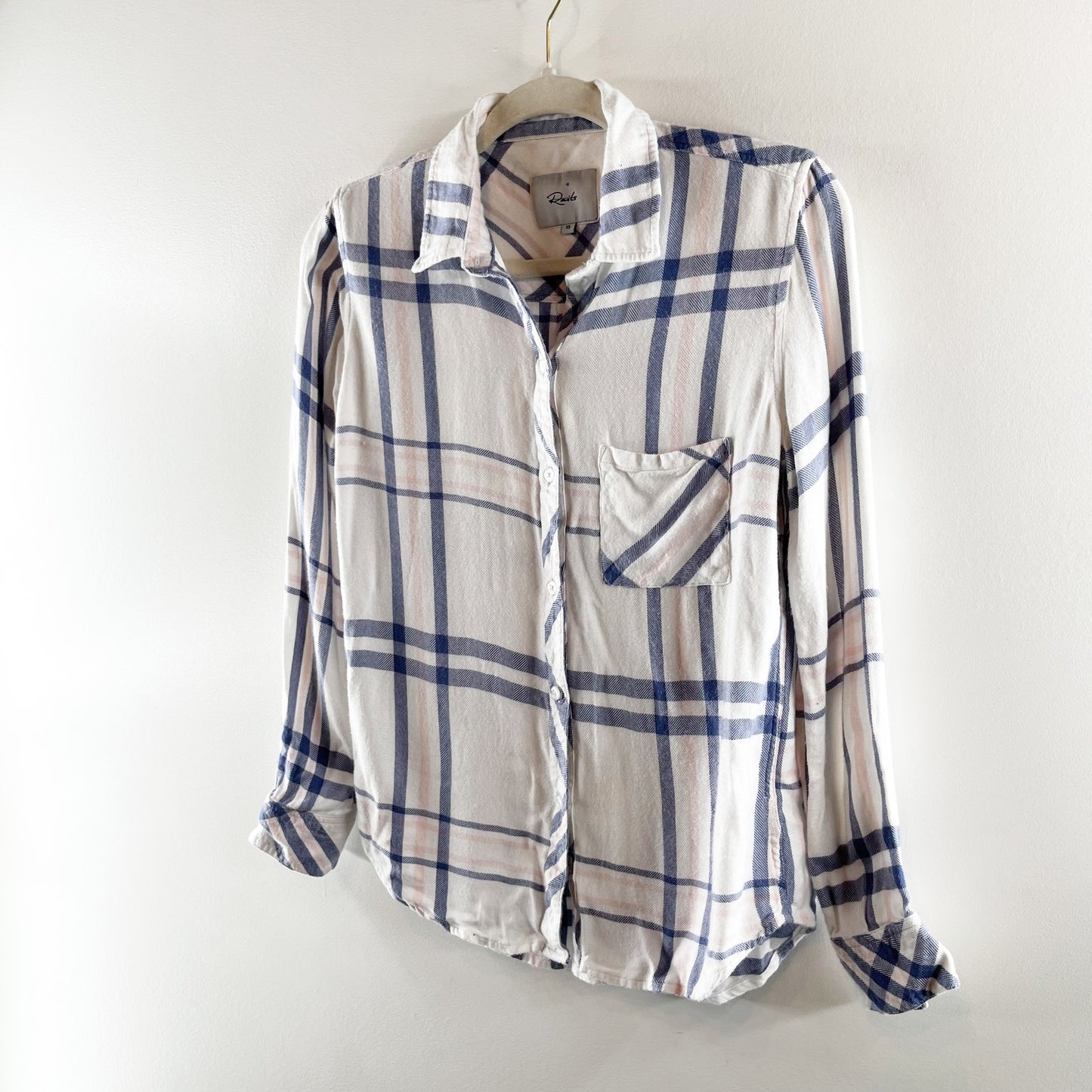 Rails Plaid Hunter Button Up Long Sleeve Top Indigo Powder Blush White Blue XS