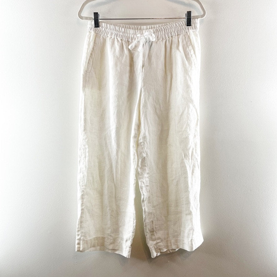 Talbots Washed 100% Linen High Rise Wide Leg Relaxed Cropped Pants White Small