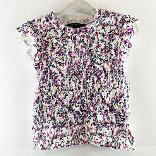 French Connection Ruffle Short Sleeve Smocked Top Blouse Pink Floral Large