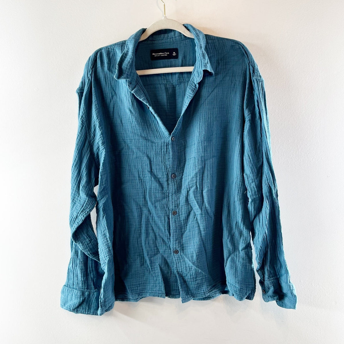 Abercrombie & Fitch Soft A&F Long Sleeve Button-Up Gauzy Shirt Top Blue XL
