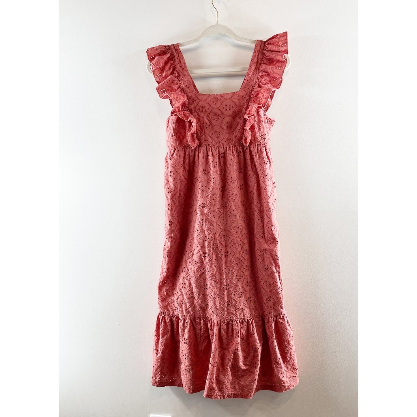 Ba&sh Byrd Broderie Eyelet Ruffle Midi Dress Terracotta Pink Small