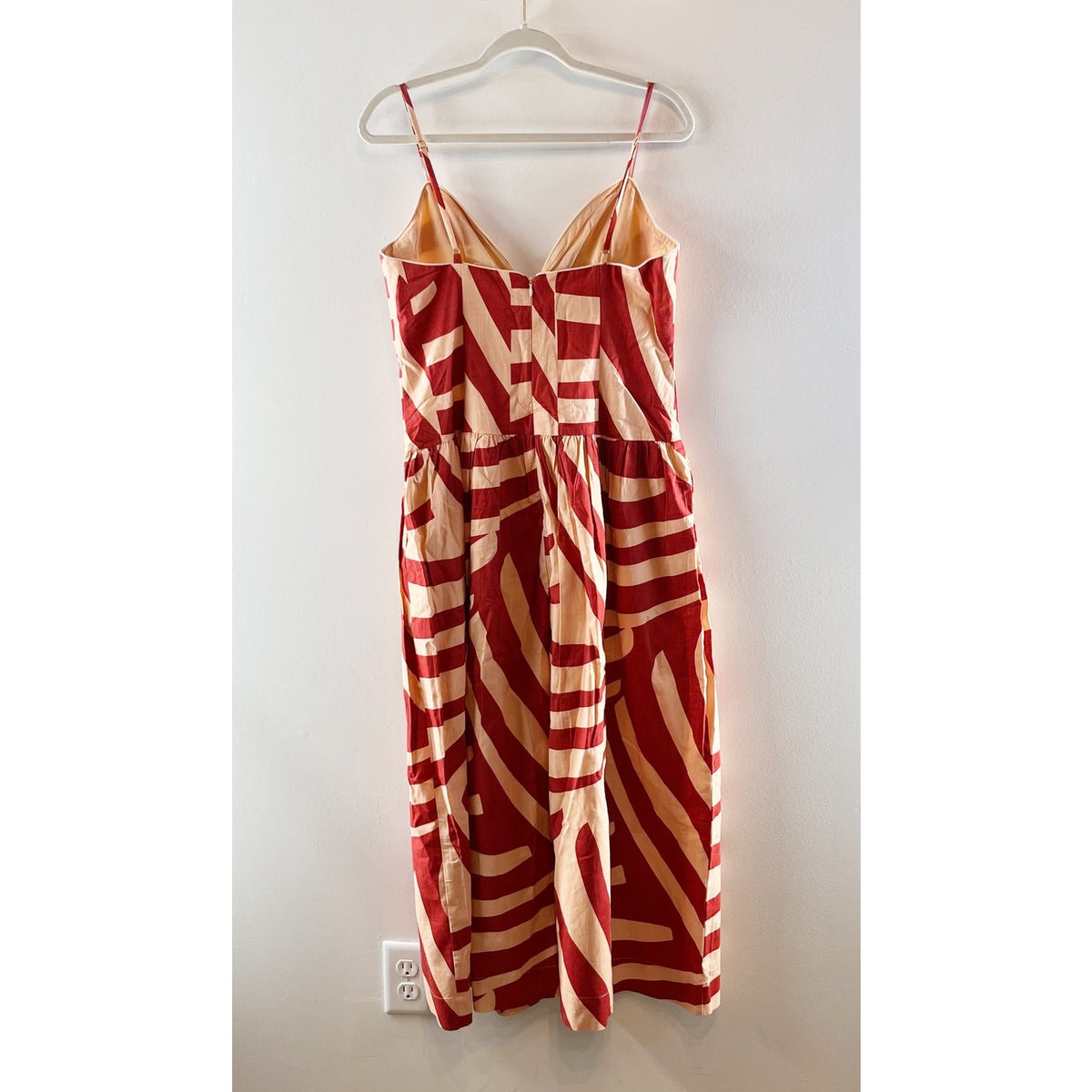 Mon Renn Geometric Cotton Drop Waist Midi Dress Maroon Red Medium