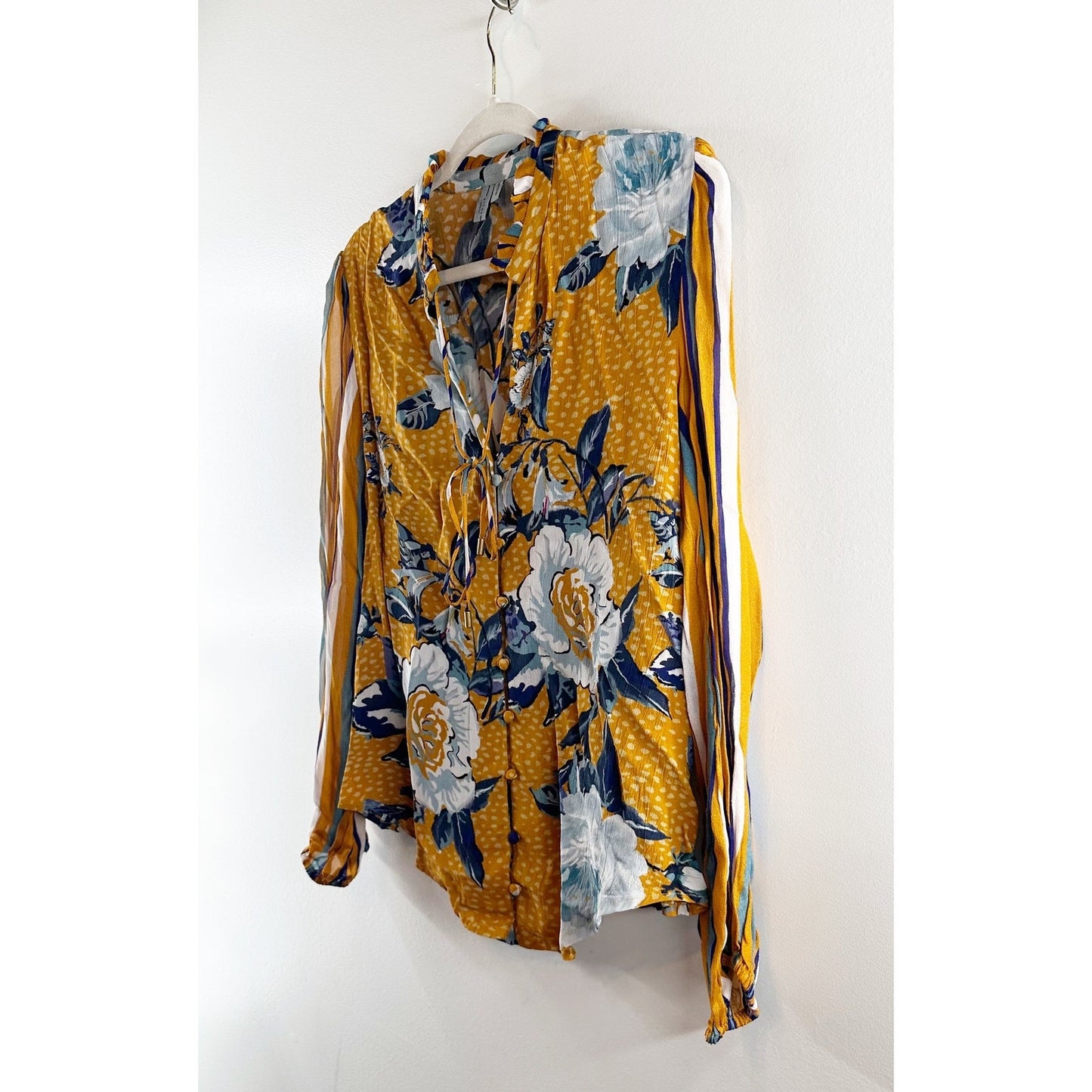 BL-nk London Anthropologie Breton Floral Button Up Peasant Top Yellow Medium