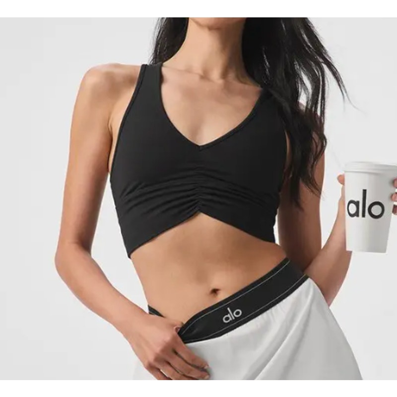 Alo Yoga Wild Thing Ruched V Neck Racerback Sports Bra Black Small