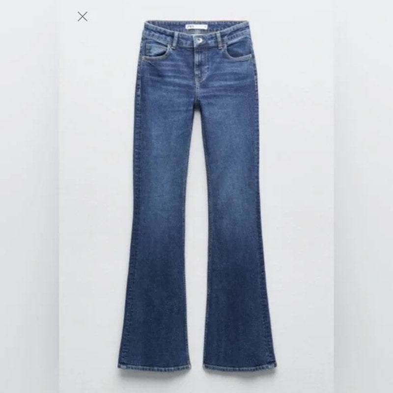 ZARA High Rise Flare Leg Denim Jeans Dark Wash 12