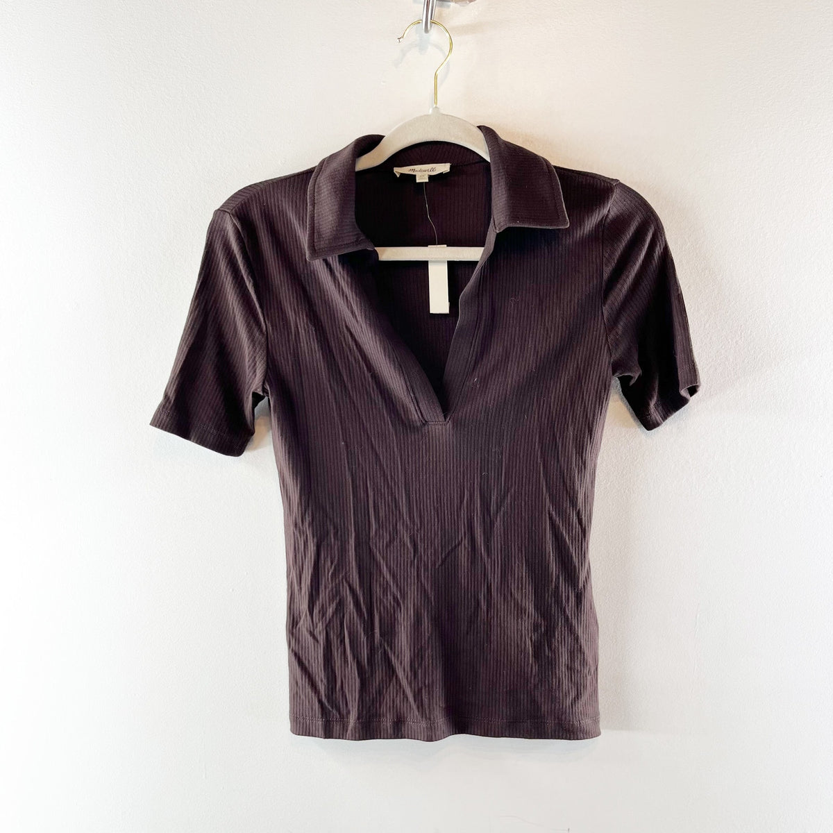 Madewell Drapey Rib Short Sleeve Polo Shirt Top Chocolate Brown XS