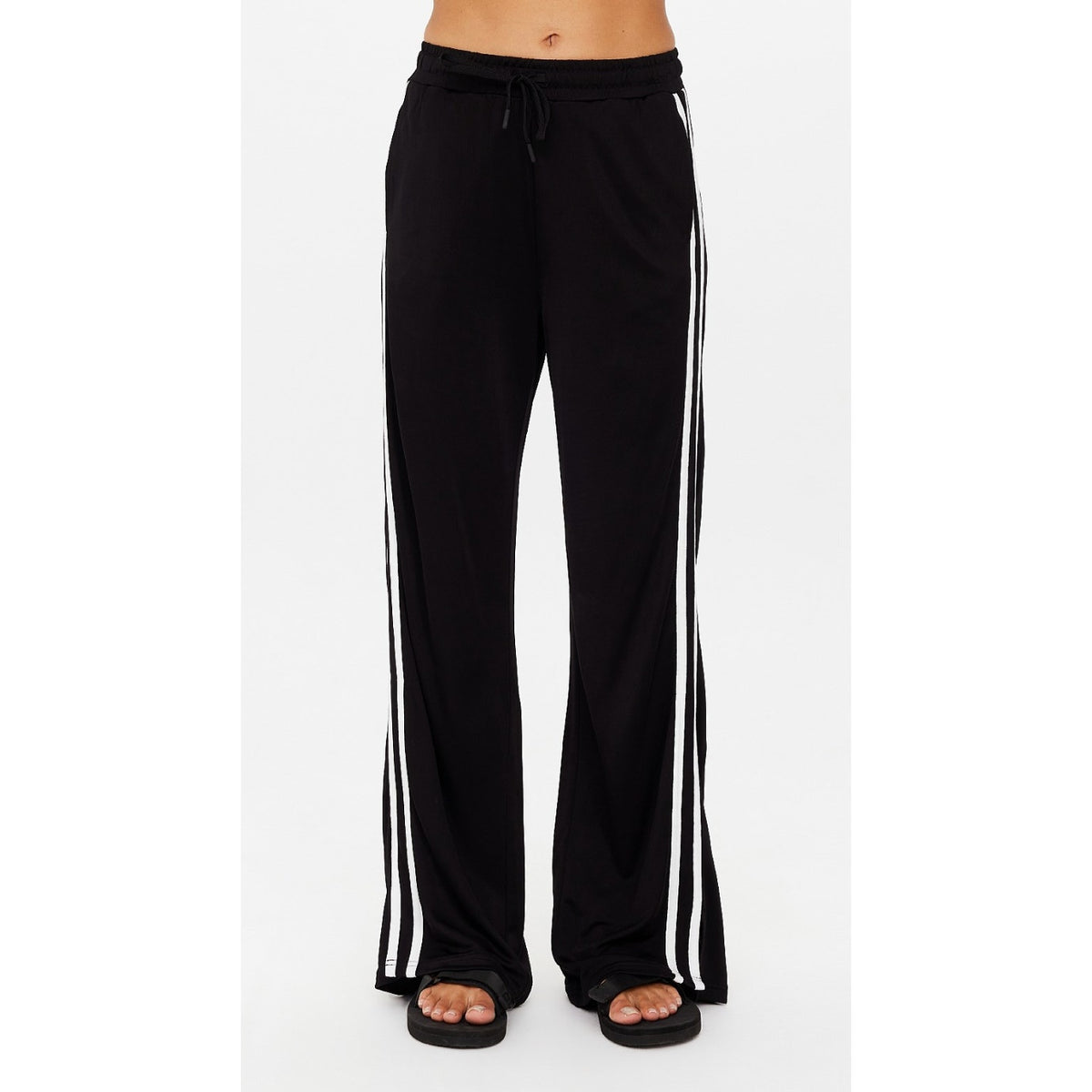Upside Down Roma Striped Pull On Drawstring Wide-Leg Track Pants Black XS / US 4